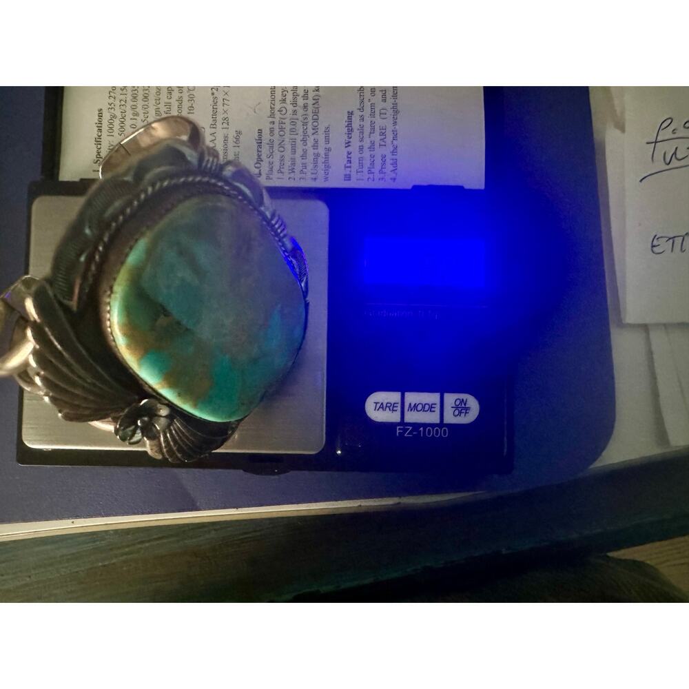 VINTAGE 70's 80's HUGE HEAVY SIGNED NAVAJO CARVED STERLING TURQUOISE CUFF UNISEX - Picture 9 of 14